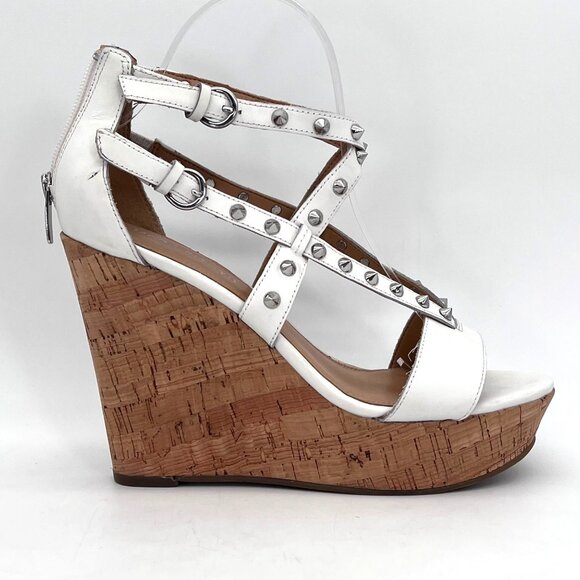 Marc Fisher White Leather Studded Cork Wedge Platform Sandals Heels Size 8M - Picture 9 of 15
